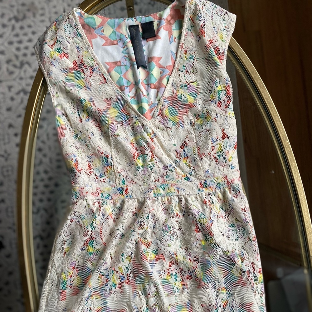 Lace with Colorful Underlay Dress - V- Neck with Fringe at the Bottom